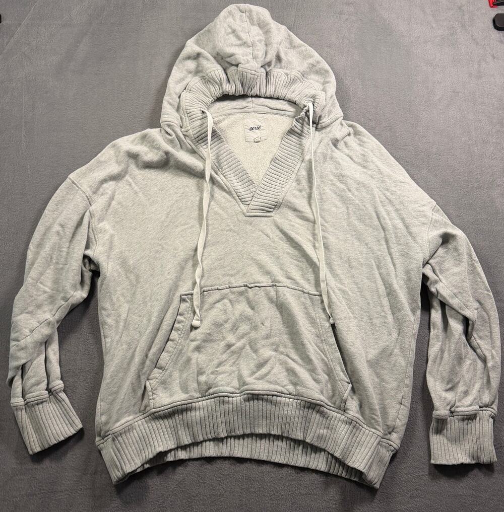 Aerie Heather Gray V Neck Hoodie Sweatshirt Women Size XL Oversized‎ Ribbed Trim